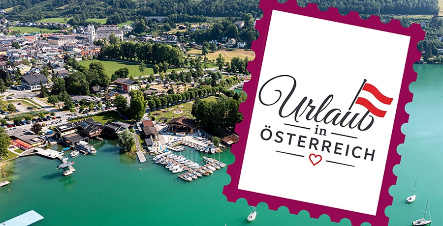 Briefmarke "Urlaub in Österreich" mit Mondsee im Hintergrund