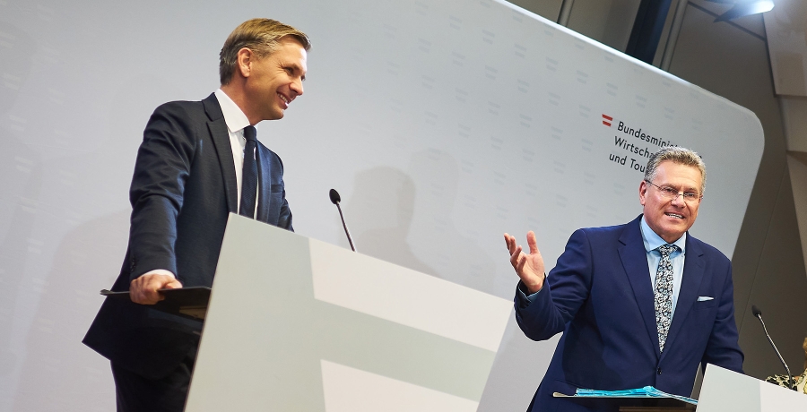 Pressekonferenz mit Wirtschaftsminister Hattmannsdorfer und EU-Handelskommissar Maroš Šefčovič