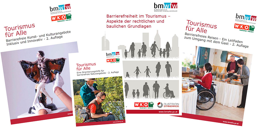 Abbildung der Deckblätter der Broschüren Tourismus für Alle