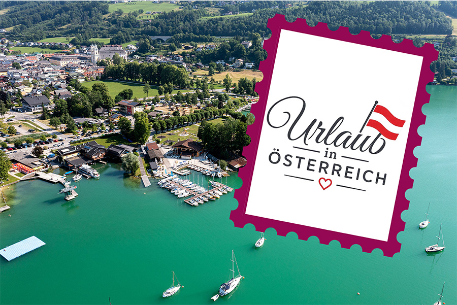 Briefmarke "Urlaub in Österreich" mit Mondsee im Hintergrund